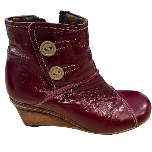Fly London Shoes - Fly London Stacked Heel Wedge Booties Burgundy Leather Size 9.5